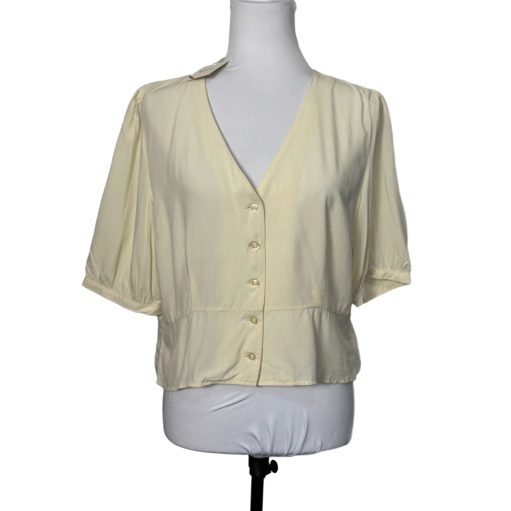 Kule Blouse Short Sleeve Shirt Button Front Cream Ivory Off White Rayon Sz XL